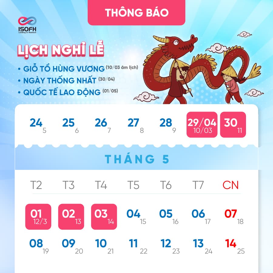 ISOFH THÔNG BÁO LỊCH NGHỈ LỄ GIỖ TỔ HÙNG VƯƠNG; 30/4 & 01/05, NĂM 2023.
